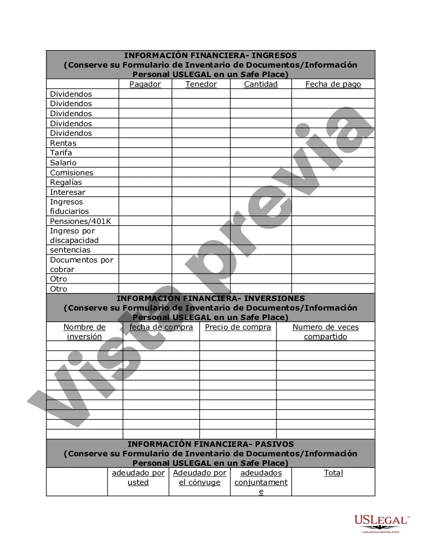 Preview Información de planificación personal y hojas de trabajo de inventario de documentos: un documento de vida legal
