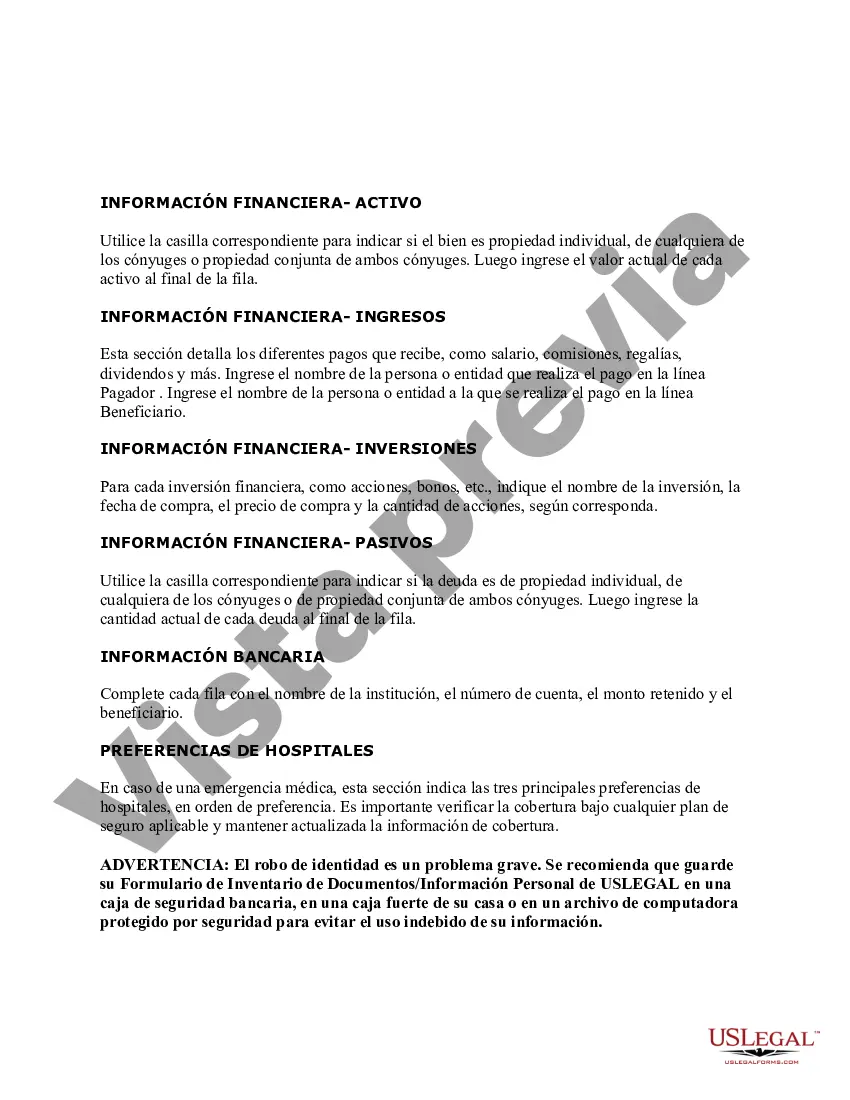 Preview Información de planificación personal y hojas de trabajo de inventario de documentos: un documento de vida legal