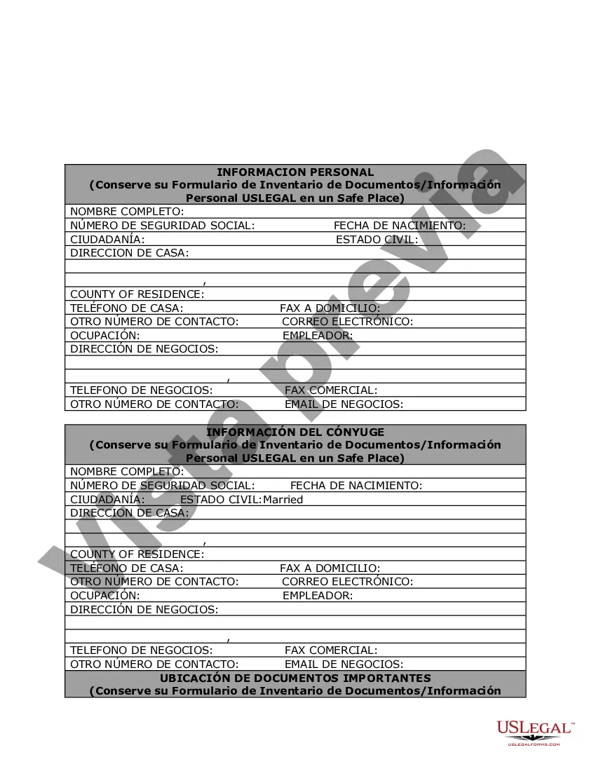 Preview Información de planificación personal y hojas de trabajo de inventario de documentos: un documento de vida legal