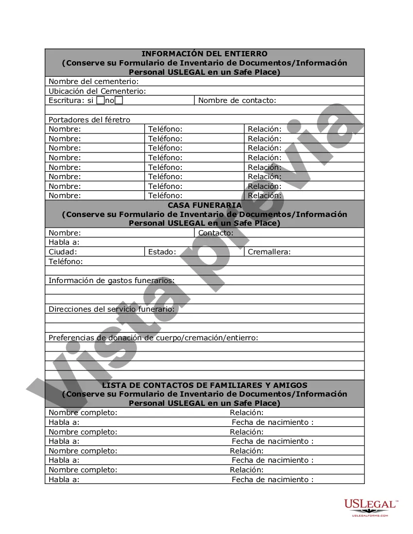 Preview Información de planificación personal y hojas de trabajo de inventario de documentos: un documento de vida legal