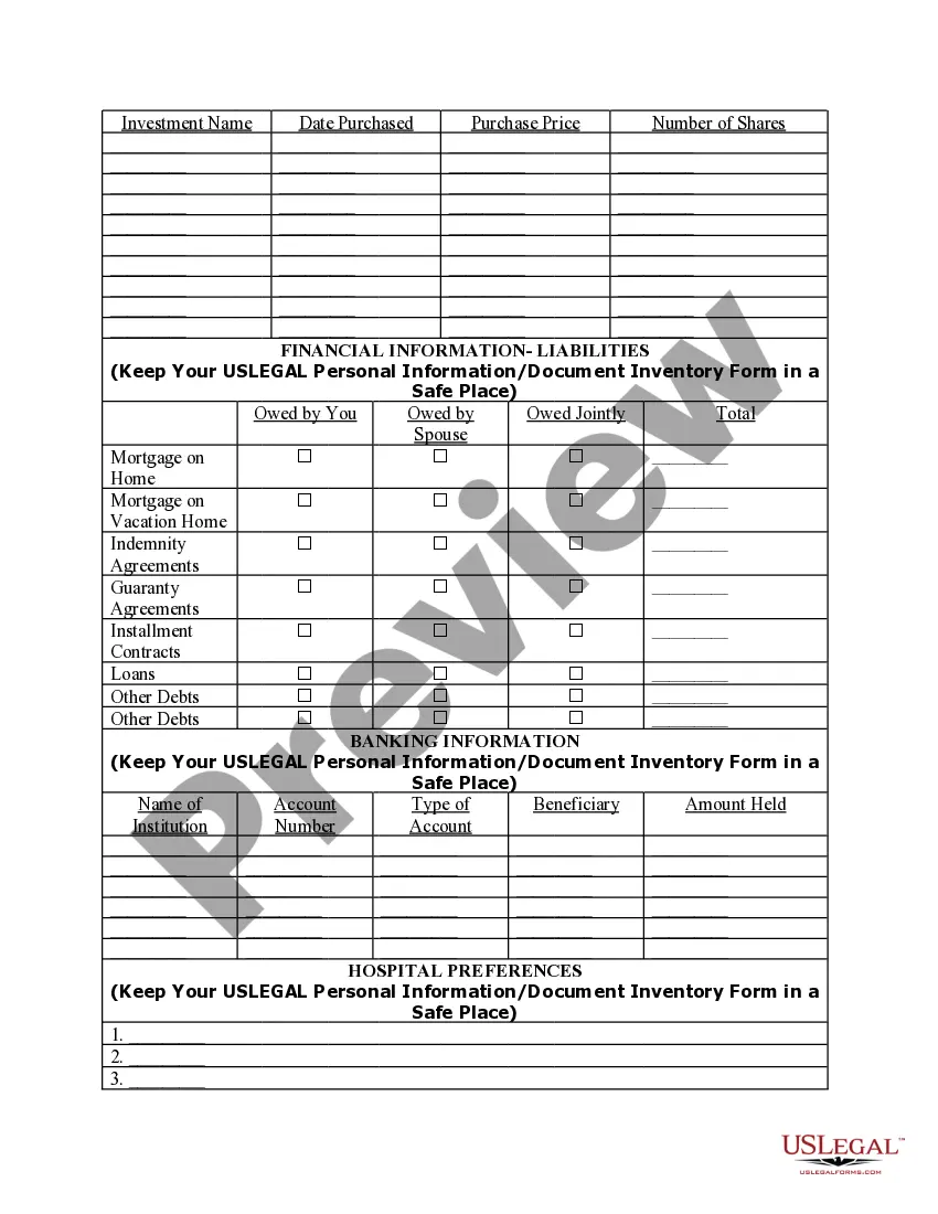 Get Personal Planning Information and Document Inventory Worksheets - A Legal Life Document Preview Personal Planning Information and Document Inventory Worksheets - A Legal Life Document