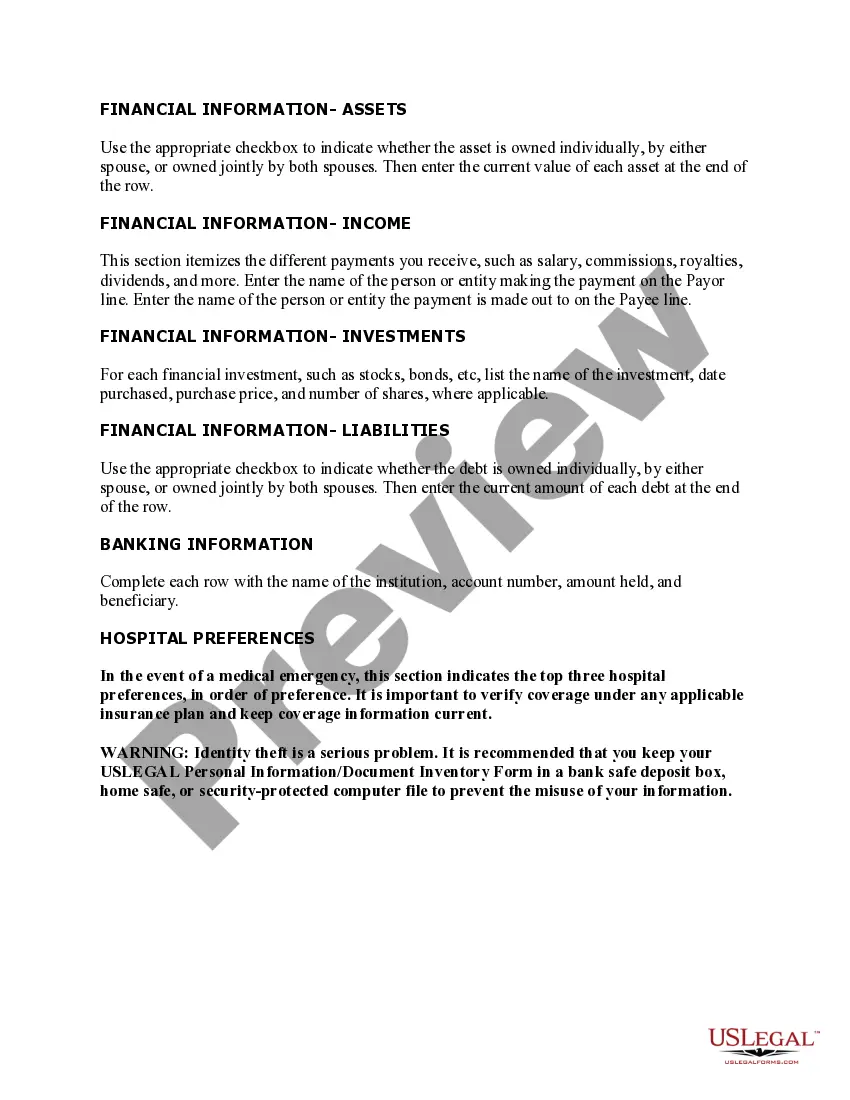 Get Personal Planning Information and Document Inventory Worksheets - A Legal Life Document Preview Personal Planning Information and Document Inventory Worksheets - A Legal Life Document
