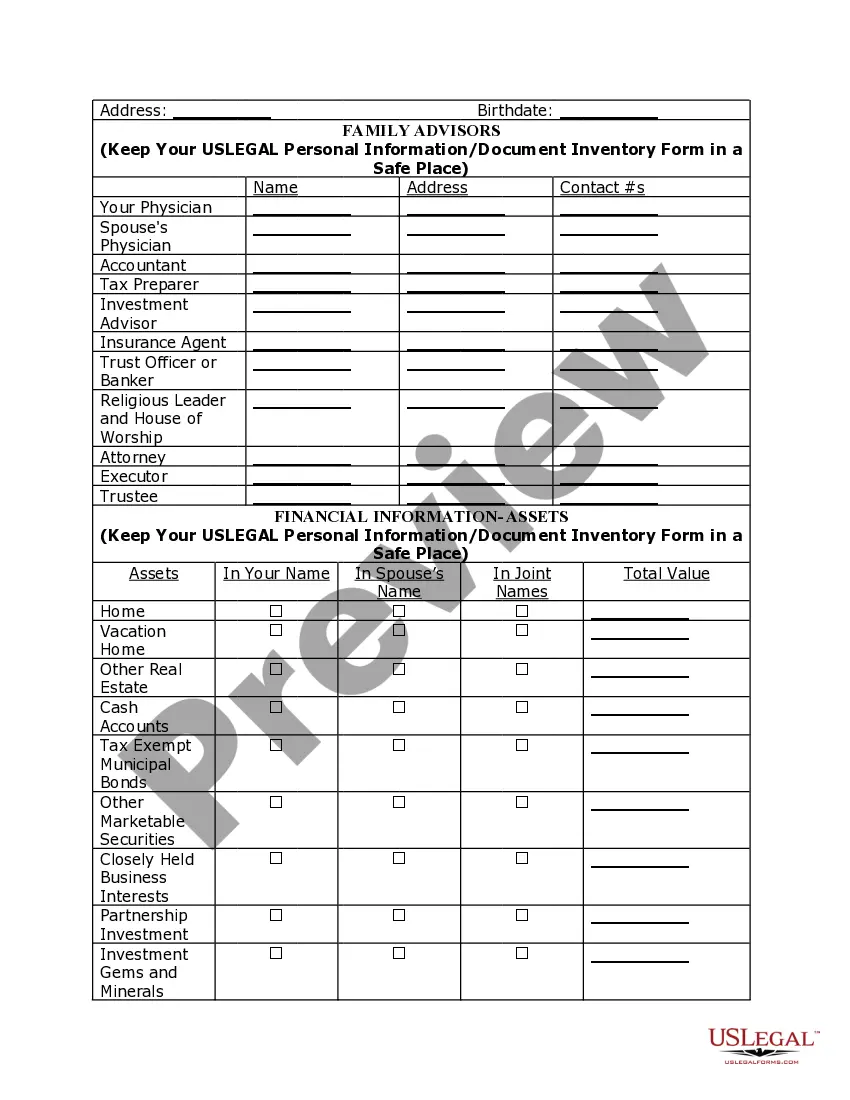 Get Personal Planning Information and Document Inventory Worksheets - A Legal Life Document Preview Personal Planning Information and Document Inventory Worksheets - A Legal Life Document