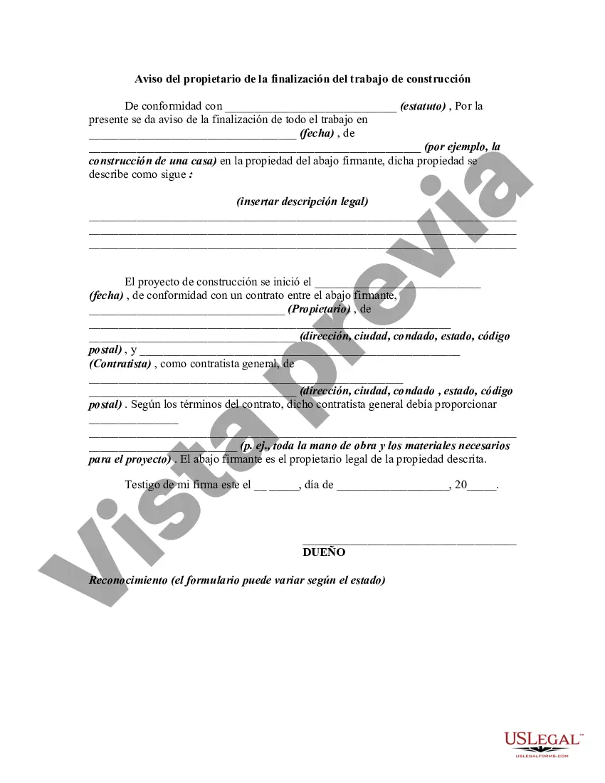 Preview Aviso del propietario de la finalización del trabajo de construcción