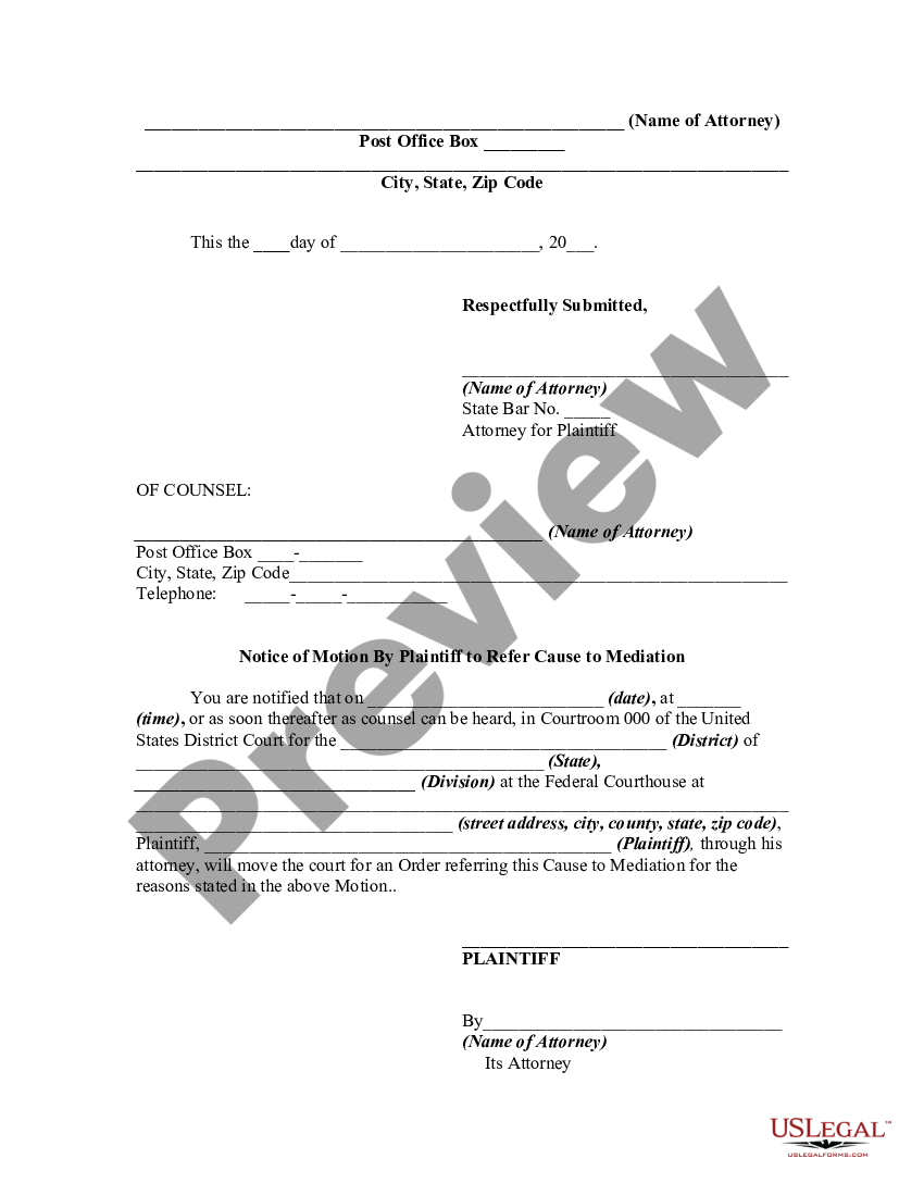 Motion By Plaintiff to Refer Cause to Mediation - Motion Mediation | US ...