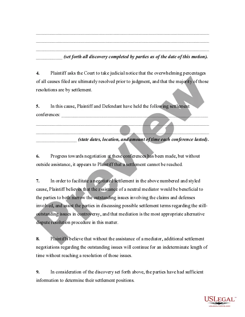 Get Motion By Plaintiff to Refer Cause to Mediation Preview Motion By Plaintiff to Refer Cause to Mediation