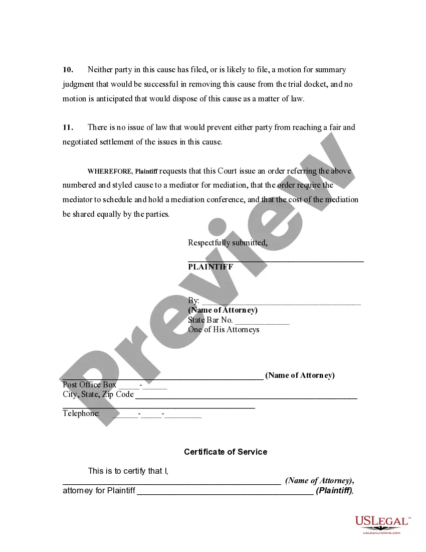 Get Motion By Plaintiff to Refer Cause to Mediation Preview Motion By Plaintiff to Refer Cause to Mediation