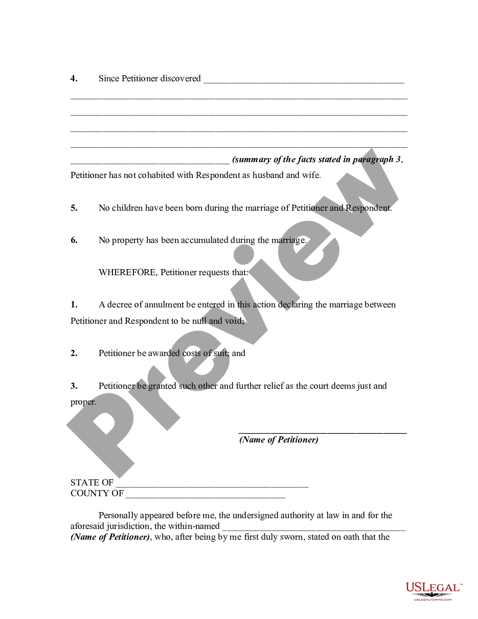 page 1 Petition to Annul Marriage with No Children or Property preview