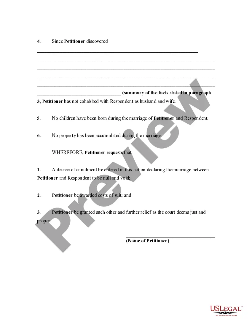 Get Petition to Annul Marriage with No Children or Property Preview Petition to Annul Marriage with No Children or Property