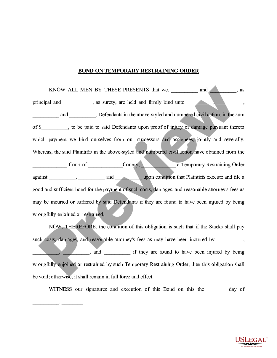 page 0 Bond on Temporary Restraining Order preview