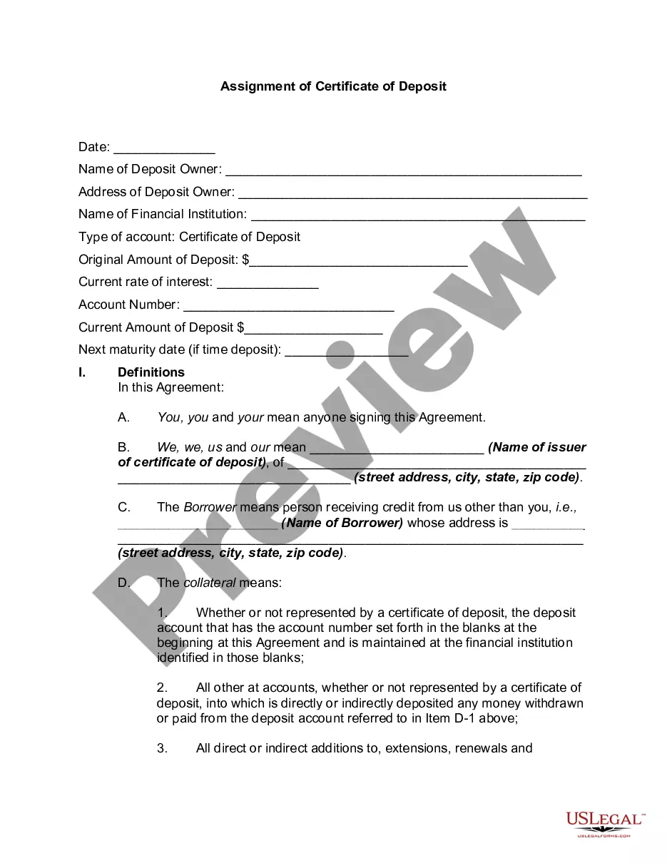 Assignment of Certificate of Deposit Agreement Certificate Of Deposit