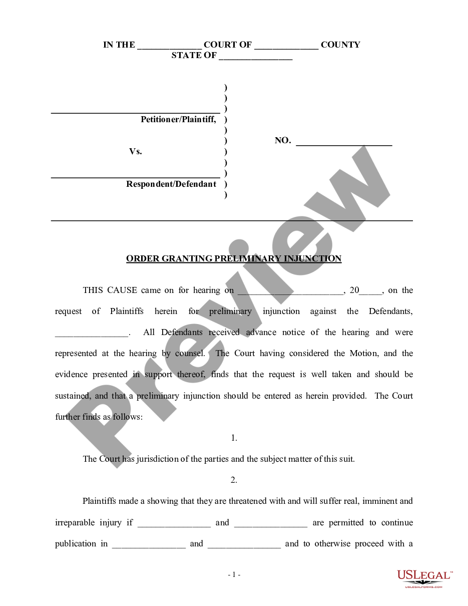 form Order Granting Preliminary Injunction preview