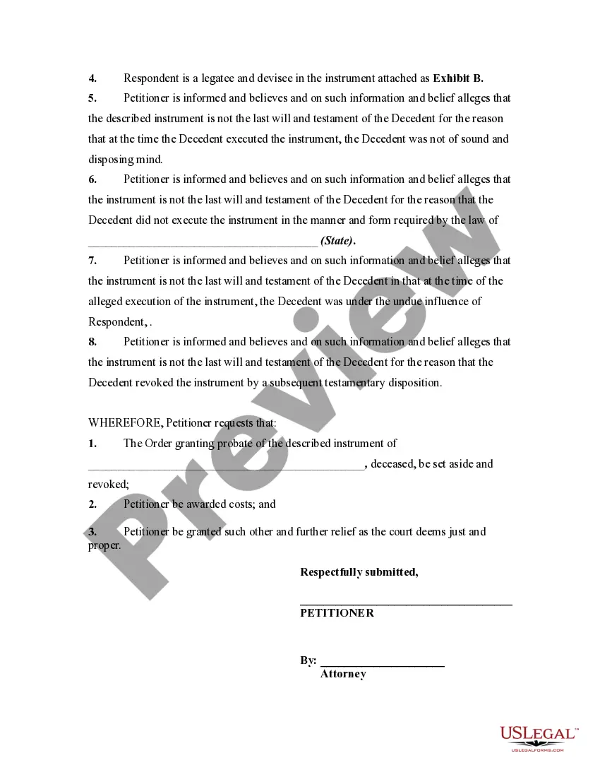 Get Petition Contesting Probate of Will on the Grounds of Mental Incompetence and Undue Influence Preview Petition Contesting Probate of Will on the Grounds of Mental Incompetence and Undue Influence