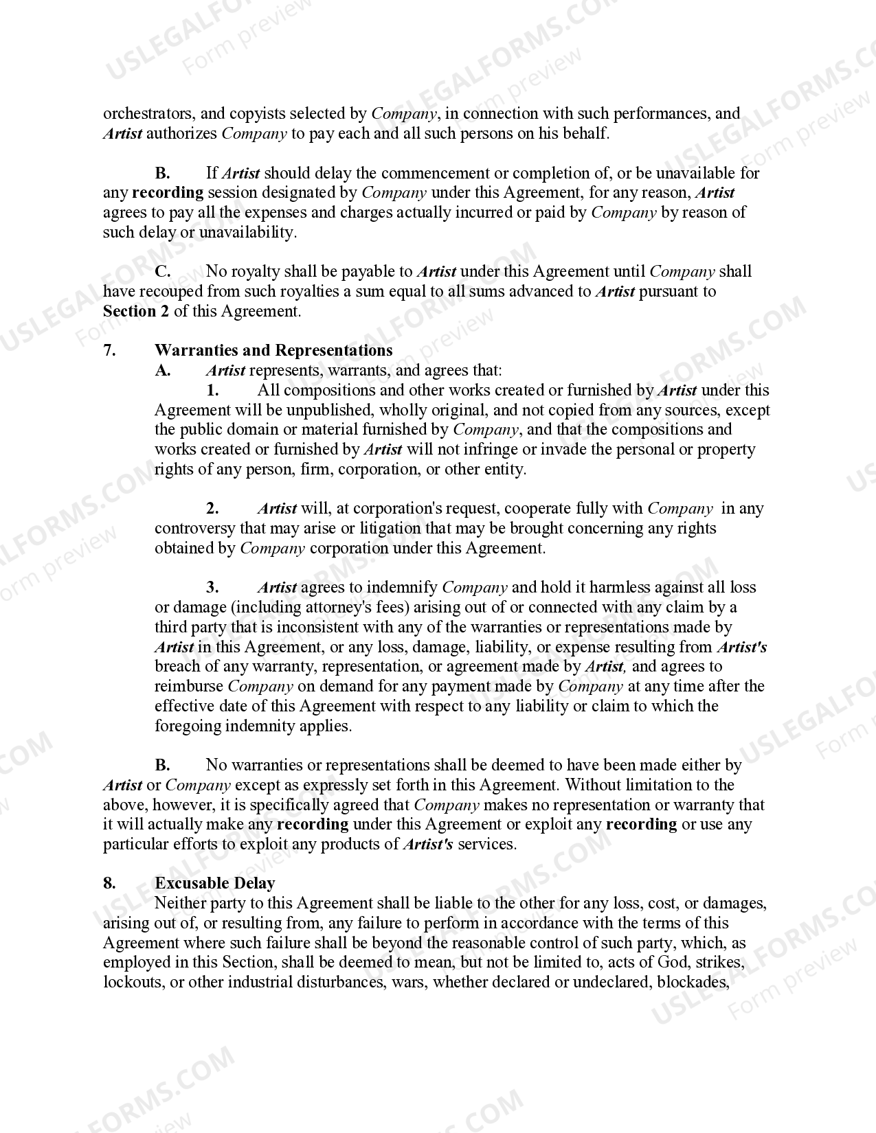 Exclusive Recording Contract or Agreement with Recording Artist