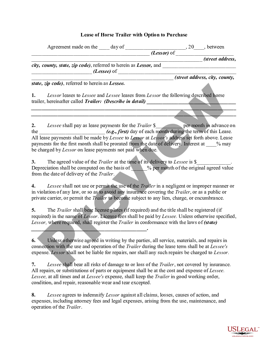 page 0 Lease or Rental Agreement of Horse Trailer with Option to Purchase and Own - Lease or Rent to Own preview