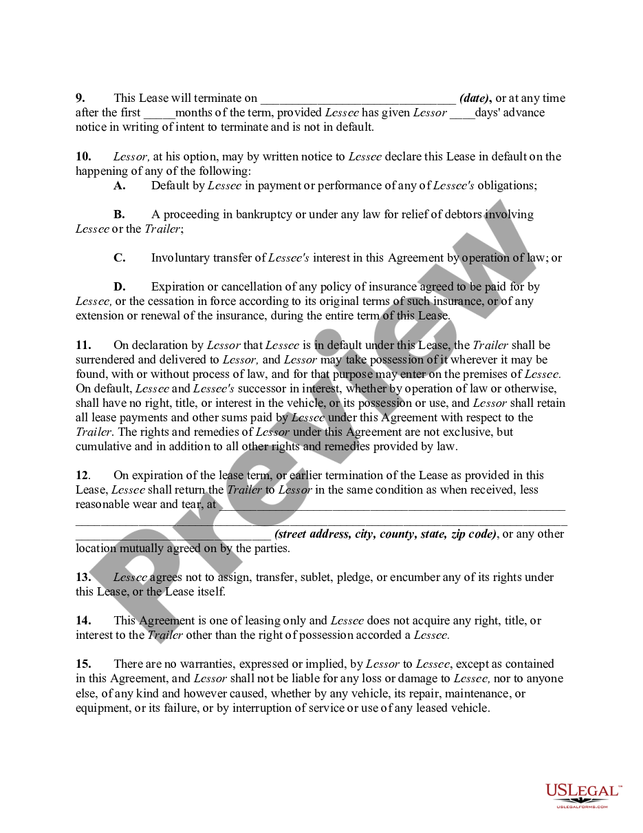 page 1 Lease or Rental Agreement of Horse Trailer with Option to Purchase and Own - Lease or Rent to Own preview