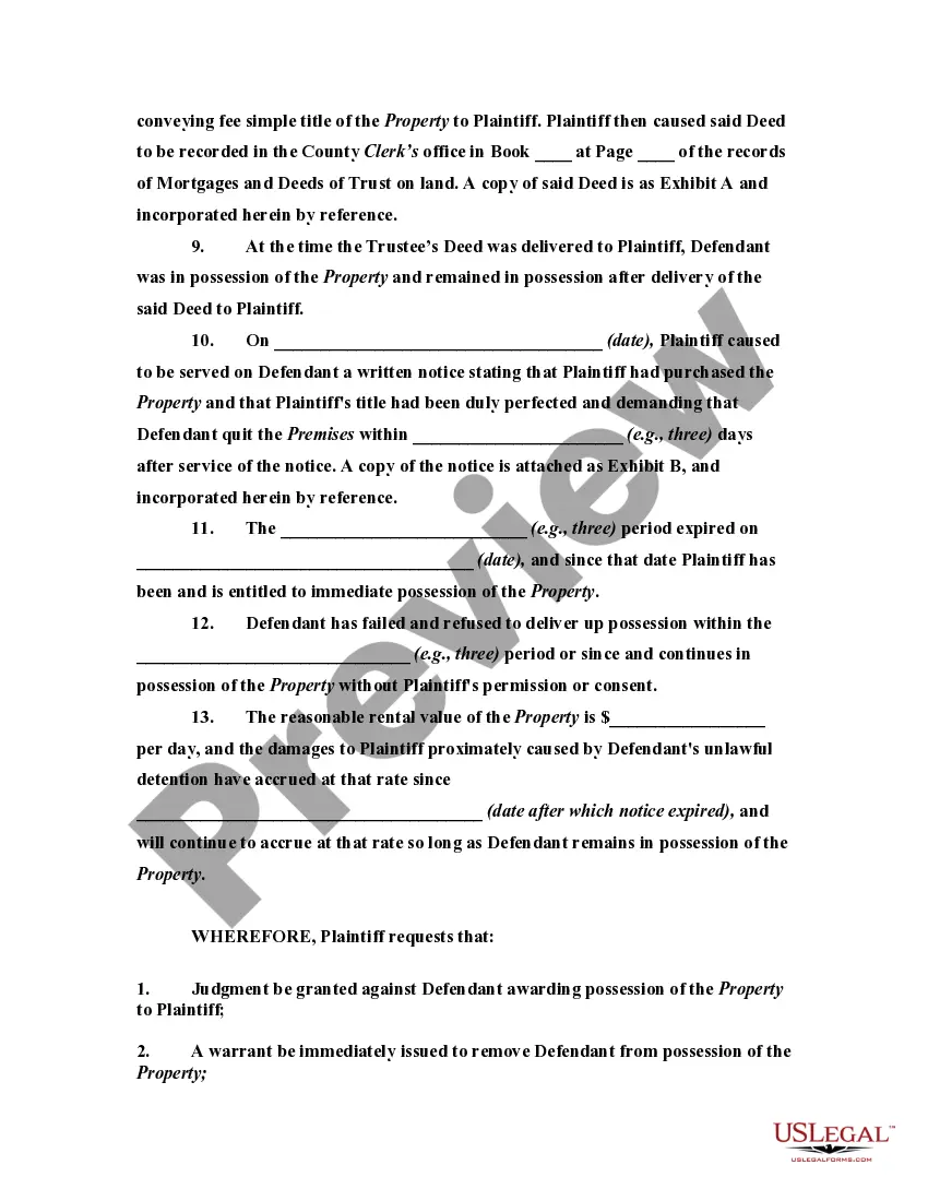Preview Complaint or Petition by Purchaser Against Possessor of Real Property After a Foreclosure Sale Pursuant to a Deed of Trust