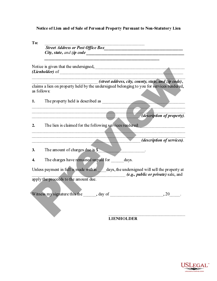 Notice of Lien and of Sale of Personal Property Pursuant to Non Private Property Claims US