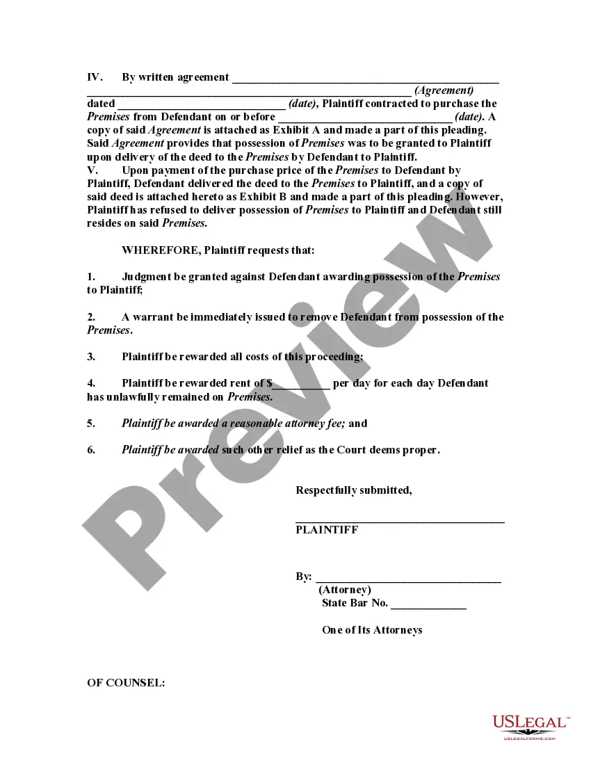Preview Complaint By Purchaser of Residence Against Seller for Holding Over After Consummation of Sale