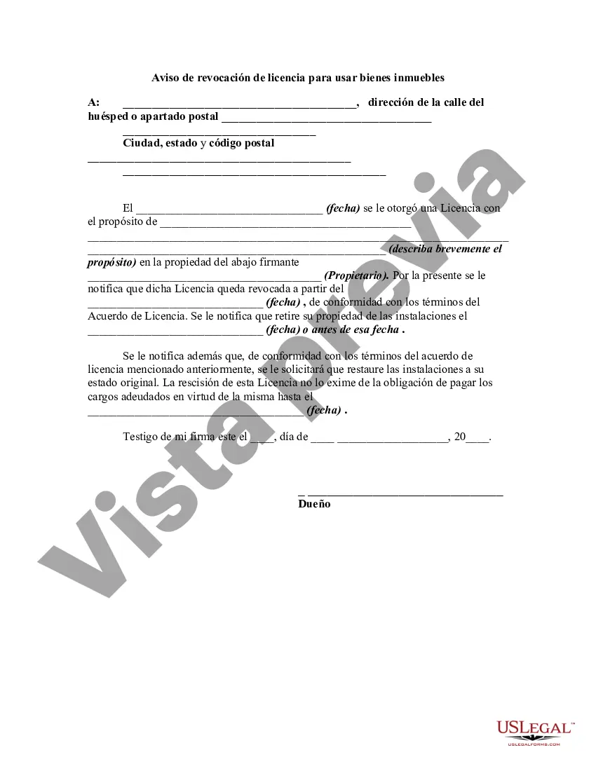 Get Aviso de revocación de licencia para usar bienes inmuebles Preview Aviso de revocación de licencia para usar bienes inmuebles