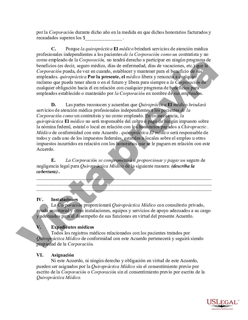 Preview Acuerdo entre médico quiropráctico como contratista independiente autónomo y corporación profesional