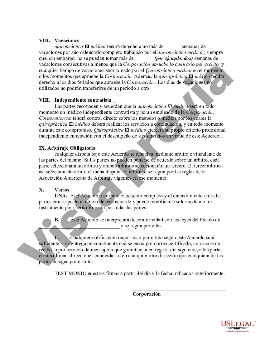 Preview Acuerdo entre médico quiropráctico como contratista independiente autónomo y corporación profesional