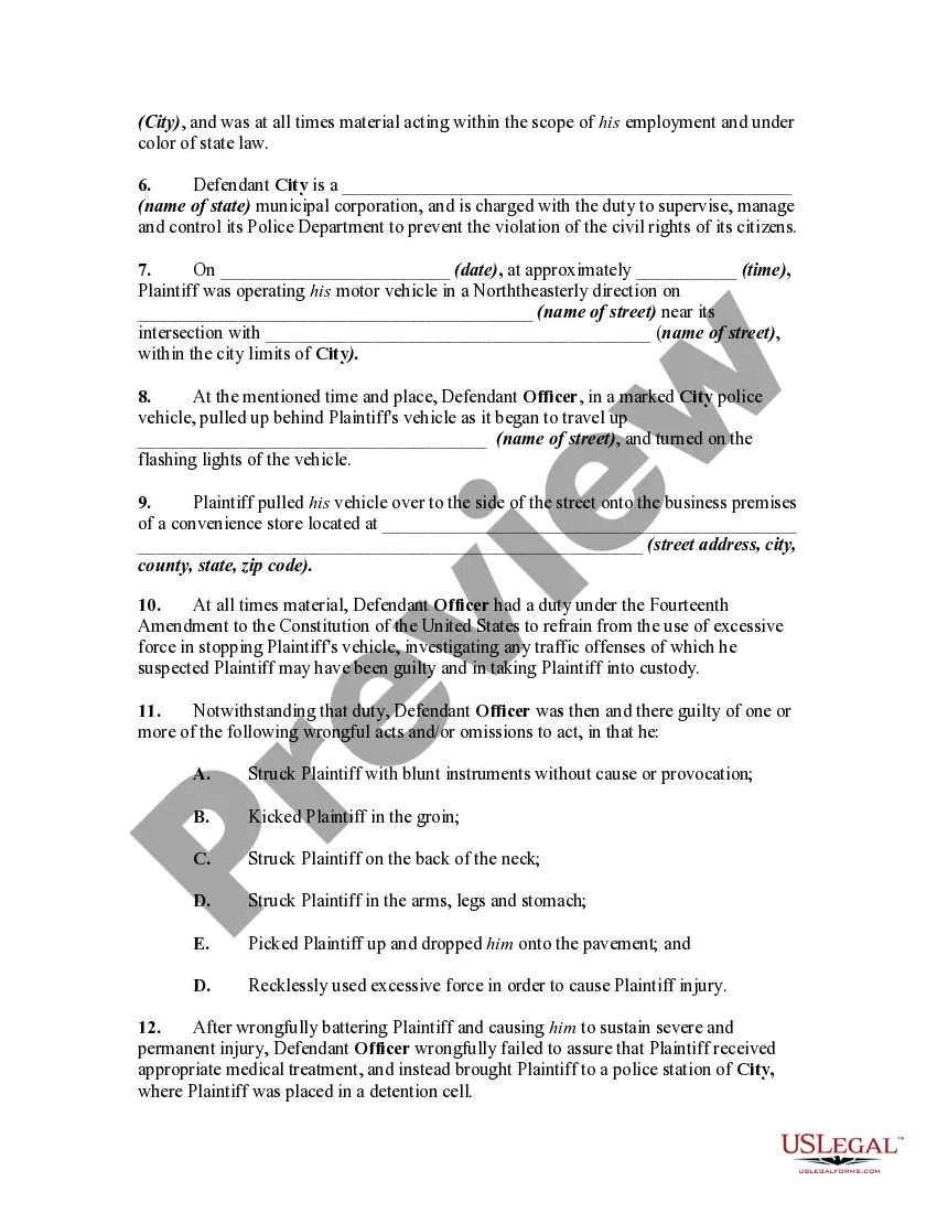 Preview Complaint in Federal Court for Damages Resulting From Use of Excessive Force - Police Brutality - by Arresting Officer and Failure to Provide Adequate Medical Treatment