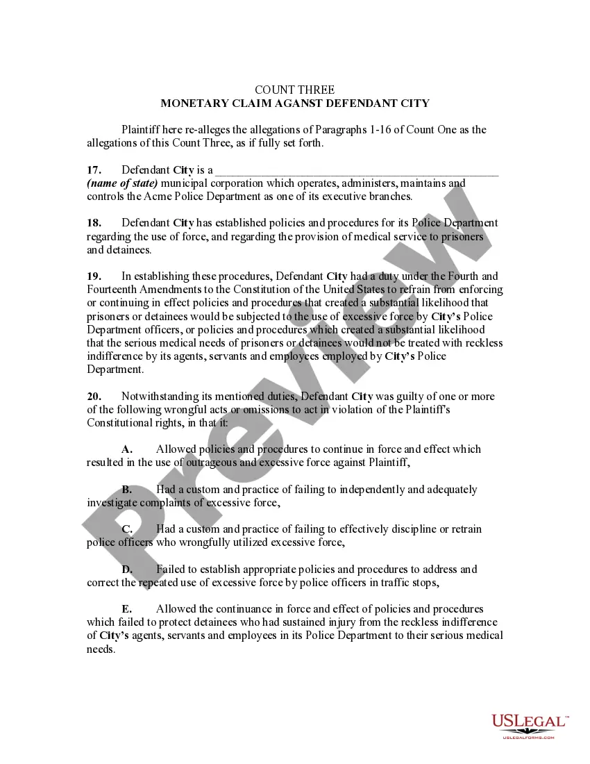 Preview Complaint in Federal Court for Damages Resulting From Use of Excessive Force - Police Brutality - by Arresting Officer and Failure to Provide Adequate Medical Treatment