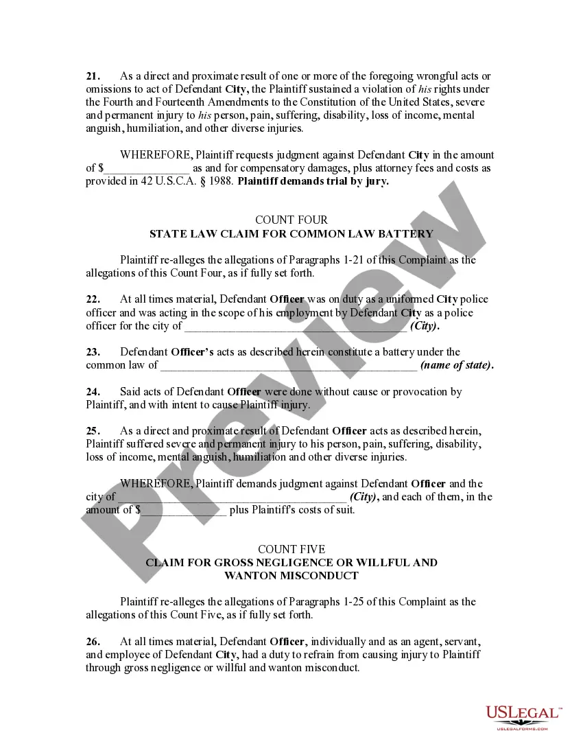 Preview Complaint in Federal Court for Damages Resulting From Use of Excessive Force - Police Brutality - by Arresting Officer and Failure to Provide Adequate Medical Treatment