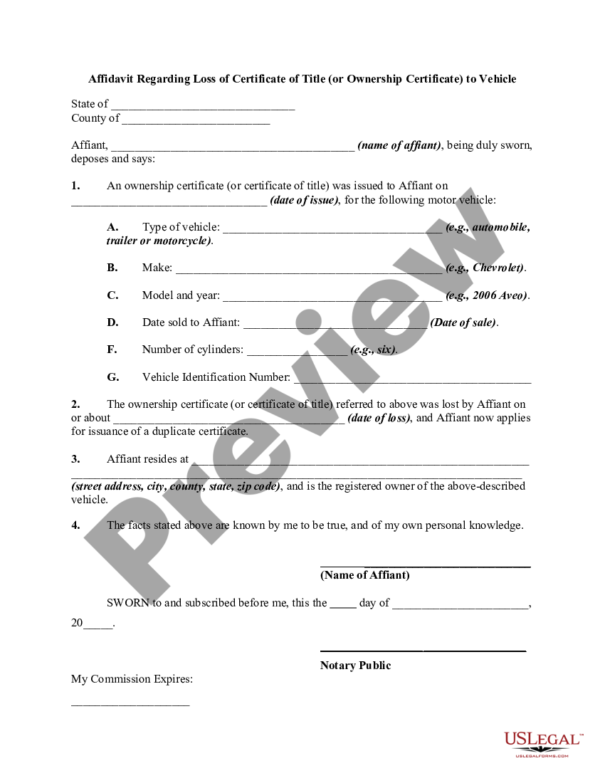 Affidavit Regarding Loss Of Certificate Of Title Or Ownership Certificate To Vehicle Title 3718