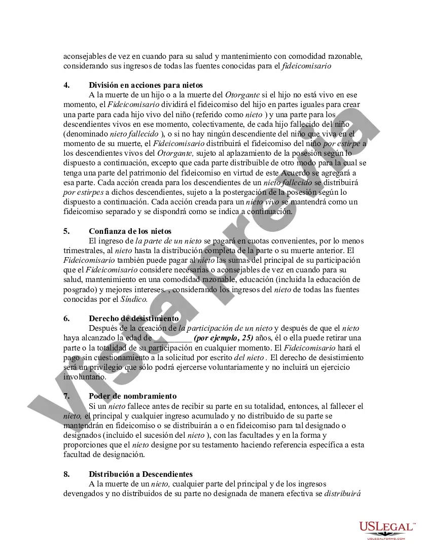 Preview Acuerdo irrevocable de fideicomiso generacional o dinástico en beneficio de los hijos y nietos del fideicomitente