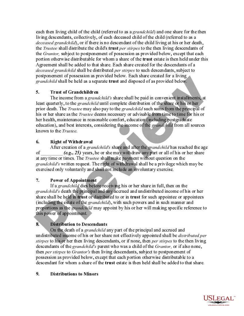 Get Irrevocable Generation Skipping or Dynasty Trust Agreement For Benefit of Trustor's Children and Grandchildren Preview Irrevocable Generation Skipping or Dynasty Trust Agreement For Benefit of Trustor's Children and Grandchildren