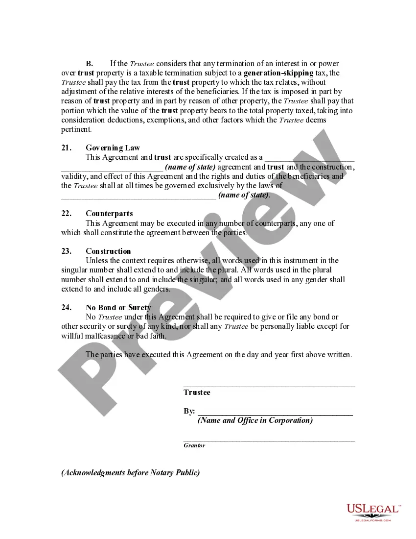 Get Irrevocable Generation Skipping or Dynasty Trust Agreement For Benefit of Trustor's Children and Grandchildren Preview Irrevocable Generation Skipping or Dynasty Trust Agreement For Benefit of Trustor's Children and Grandchildren