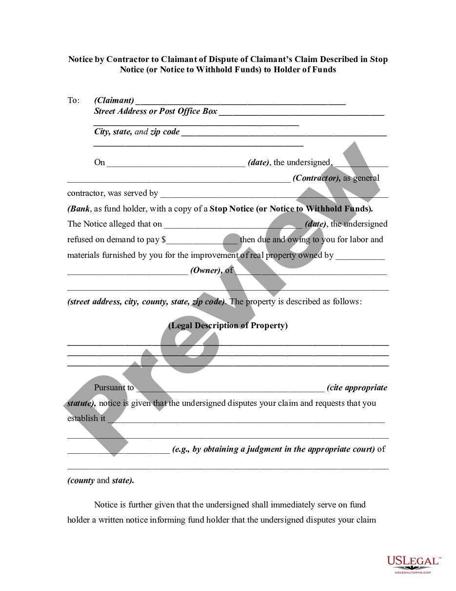 page 0 Notice by Contractor to Claimant of Dispute of Claimant's Claim Described in Stop Notice or Notice to Withhold Funds to Holder of Funds preview
