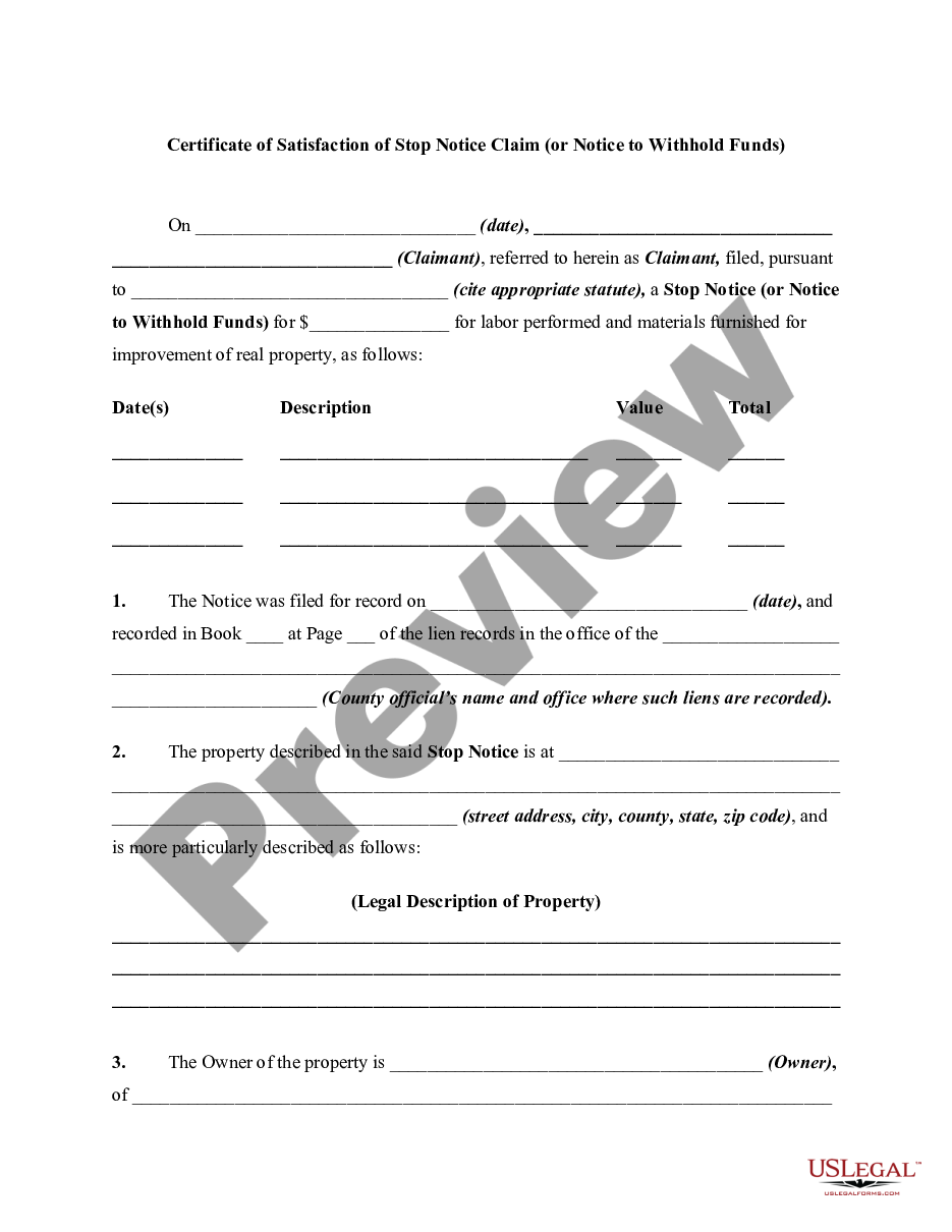 page 0 Certificate of Satisfaction of Stop Notice Claim or Notice to Withhold Funds preview