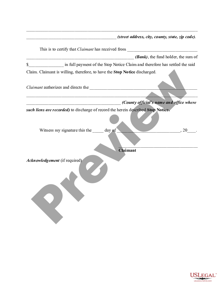 page 1 Certificate of Satisfaction of Stop Notice Claim or Notice to Withhold Funds preview