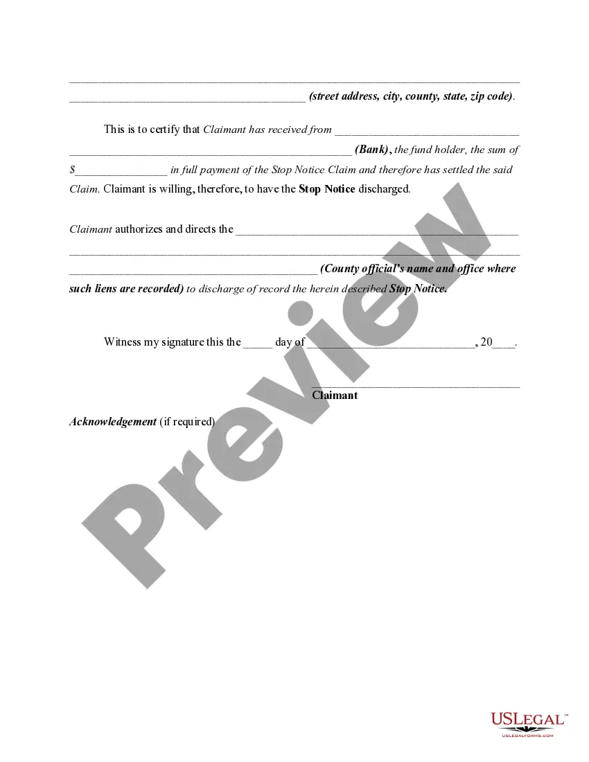Get Certificate of Satisfaction of Stop Notice Claim or Notice to Withhold Funds Preview Certificate of Satisfaction of Stop Notice Claim or Notice to Withhold Funds