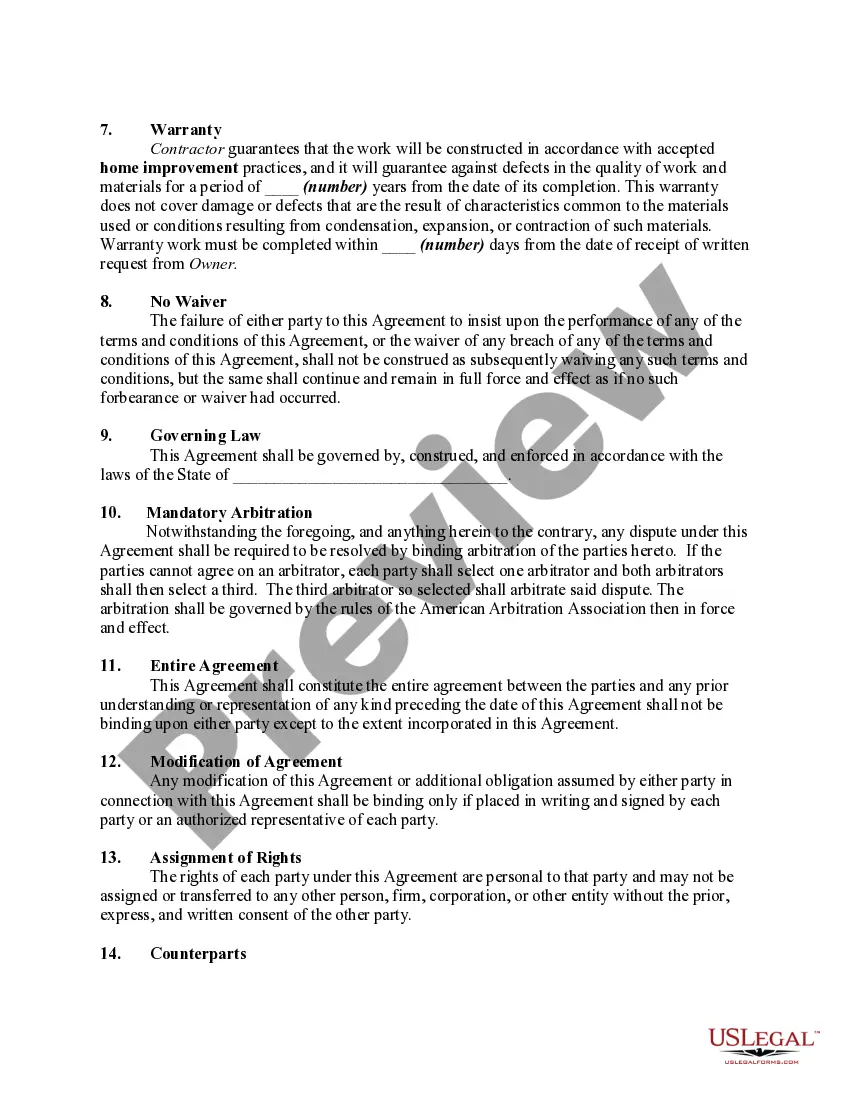 Preview Home Improvement or Remodeling Construction Contract