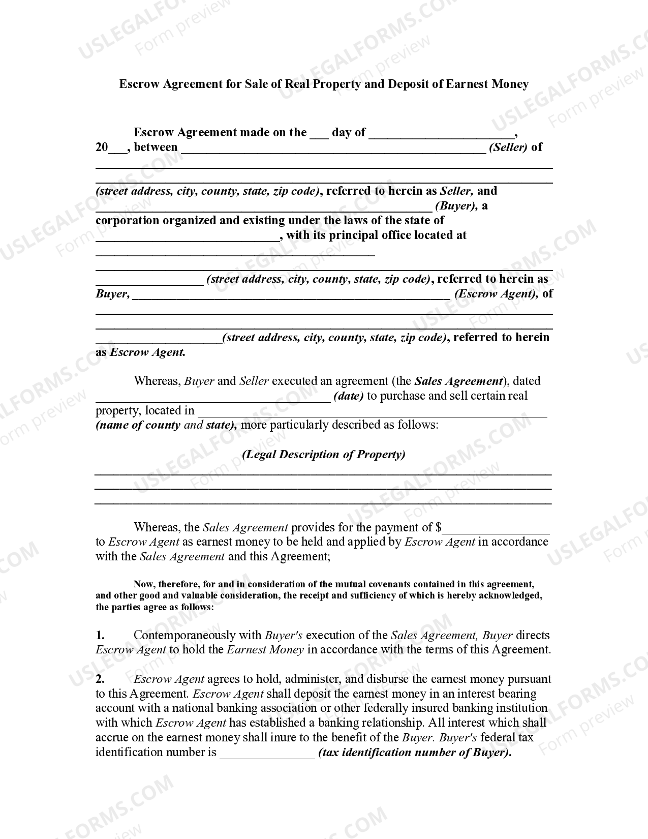 Escrow Agreement for Sale of Real Property and Deposit of Earnest Money