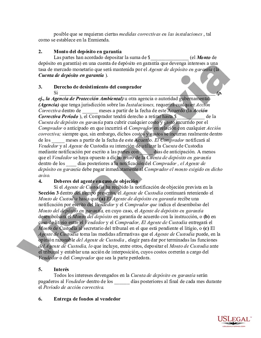 Preview Acuerdo de depósito en garantía para la venta de bienes inmuebles y depósito para proteger al comprador contra el costo de la acción correctiva requerida