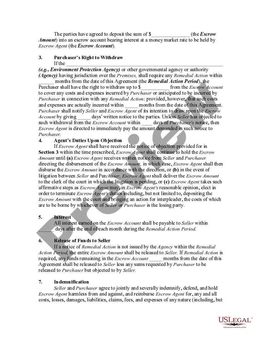 Get Escrow Agreement for Sale of Real Property and Deposit to Protect Purchaser Against Cost of Required Remedial Action Preview Escrow Agreement for Sale of Real Property and Deposit to Protect Purchaser Against Cost of Required Remedial Action
