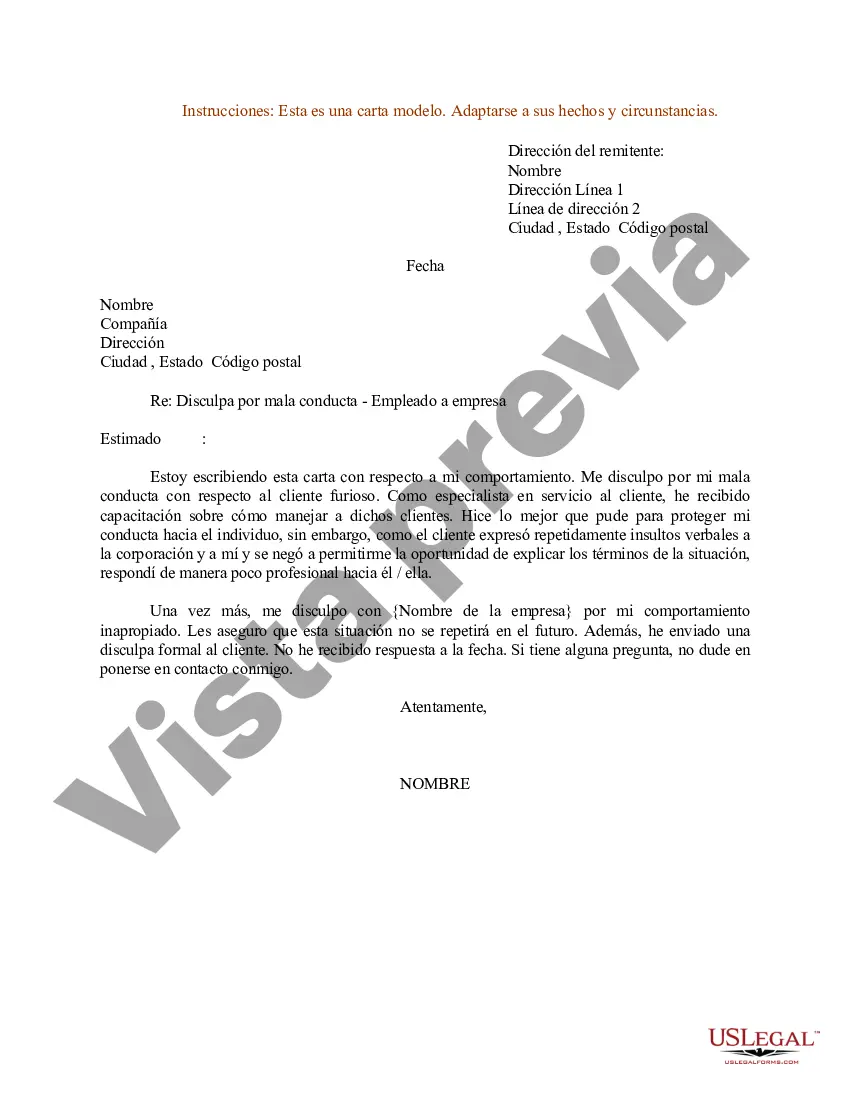 Preview Ejemplo de carta de disculpa por mala conducta: empleado a empresa