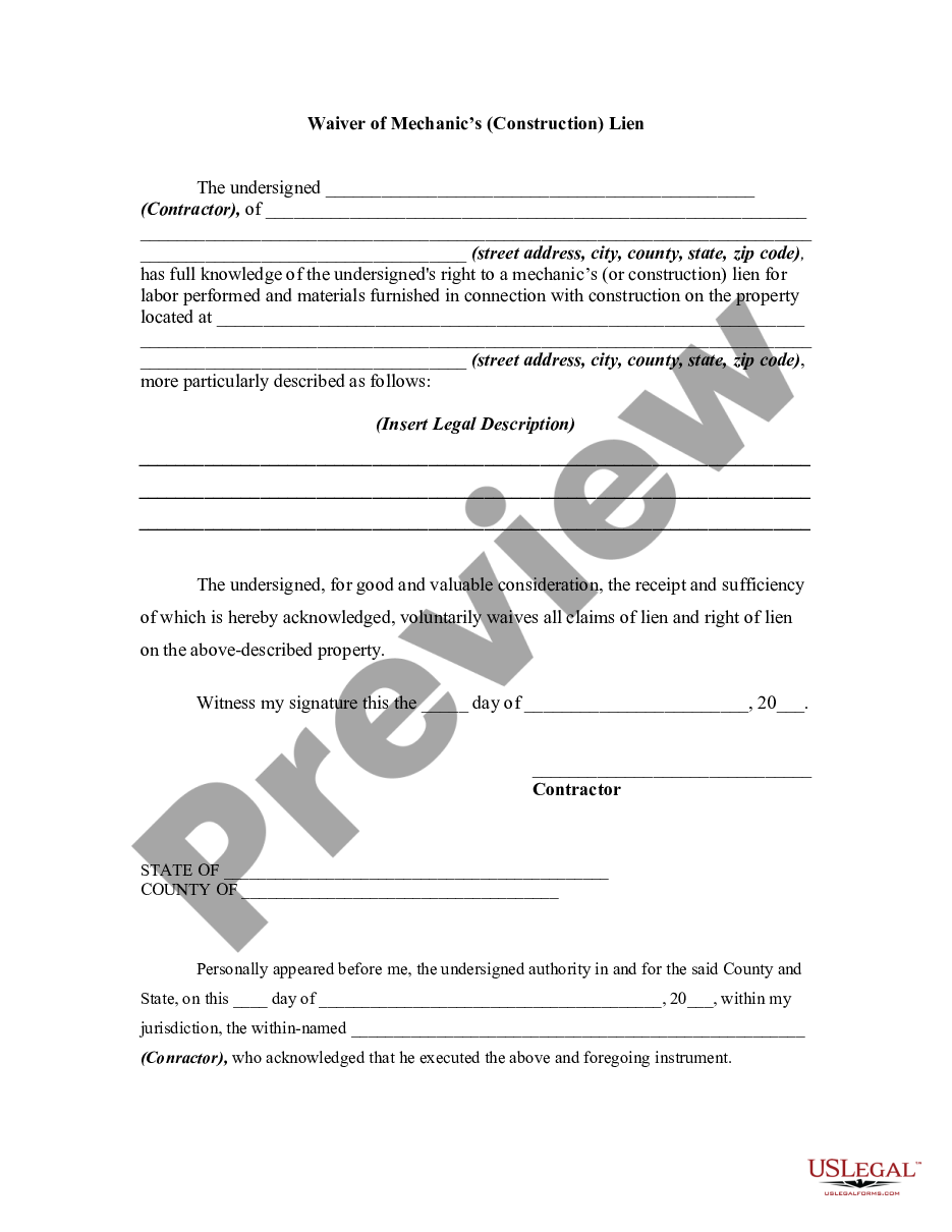 form Waiver of Mechanic's or Construction Lien preview
