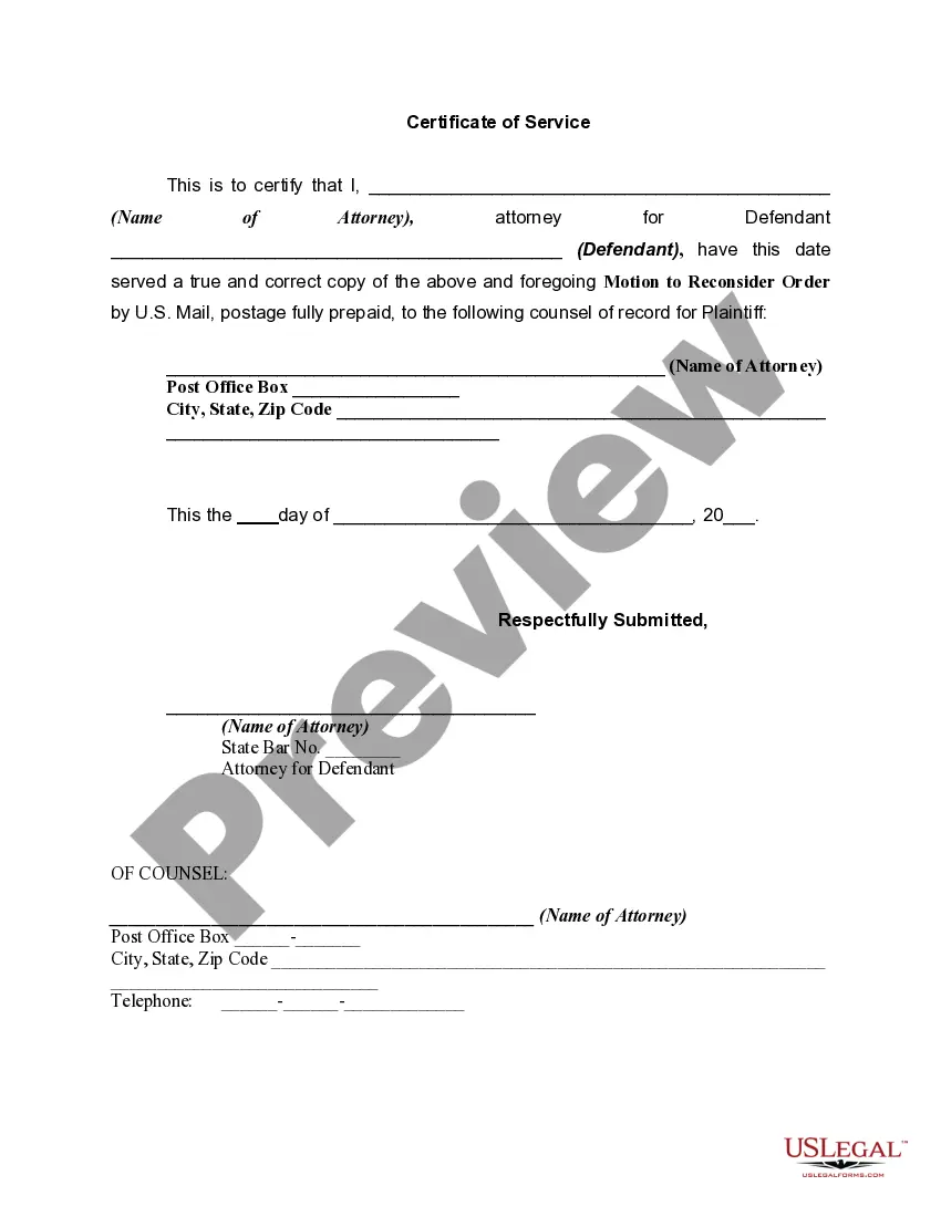 Get Motion of Defendant Requesting Court to Reconsider an Order and Notice of Motion to Plaintiff Preview Motion of Defendant Requesting Court to Reconsider an Order and Notice of Motion to Plaintiff