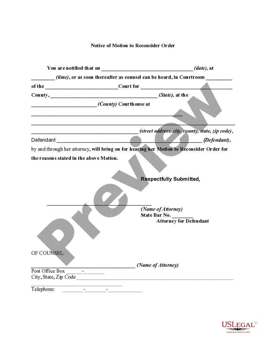 Get Motion of Defendant Requesting Court to Reconsider an Order and Notice of Motion to Plaintiff Preview Motion of Defendant Requesting Court to Reconsider an Order and Notice of Motion to Plaintiff