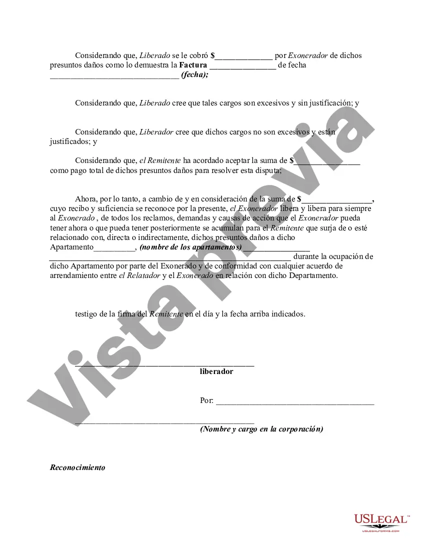 Preview Acuerdo de liberación entre el propietario y el inquilino del apartamento con respecto a los daños al apartamento donde no se ha presentado una demanda judicial