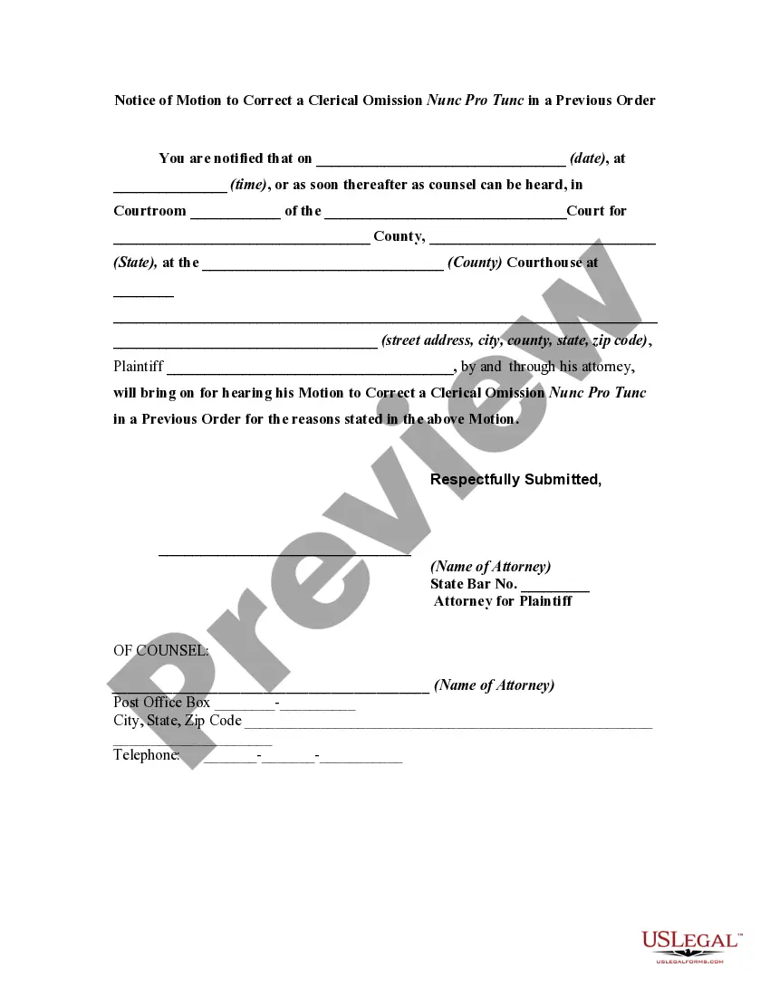 Preview Motion to Correct a Clerical Omission Nunc Pro Tunc in a Previous Order