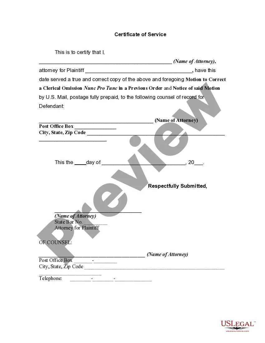 Preview Motion to Correct a Clerical Omission Nunc Pro Tunc in a Previous Order