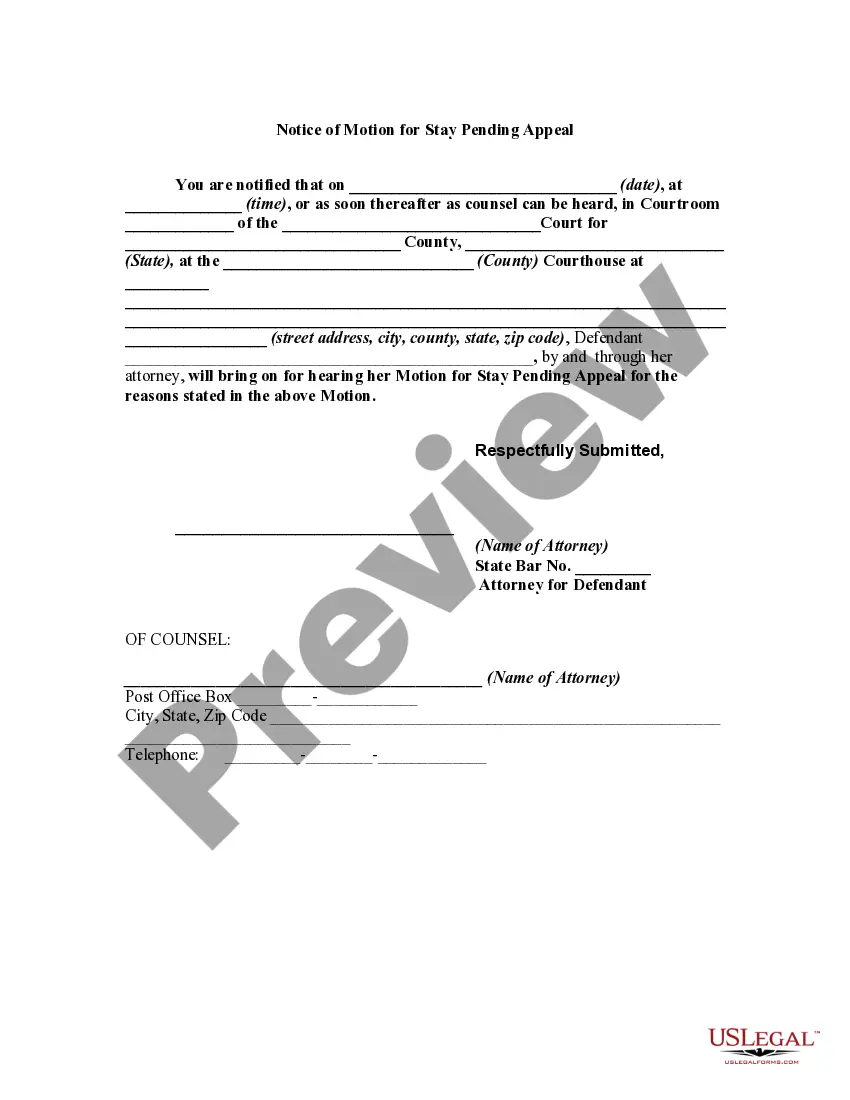 Get Motion For Stay Pending Appeal and Notice of Motion Preview Motion For Stay Pending Appeal and Notice of Motion