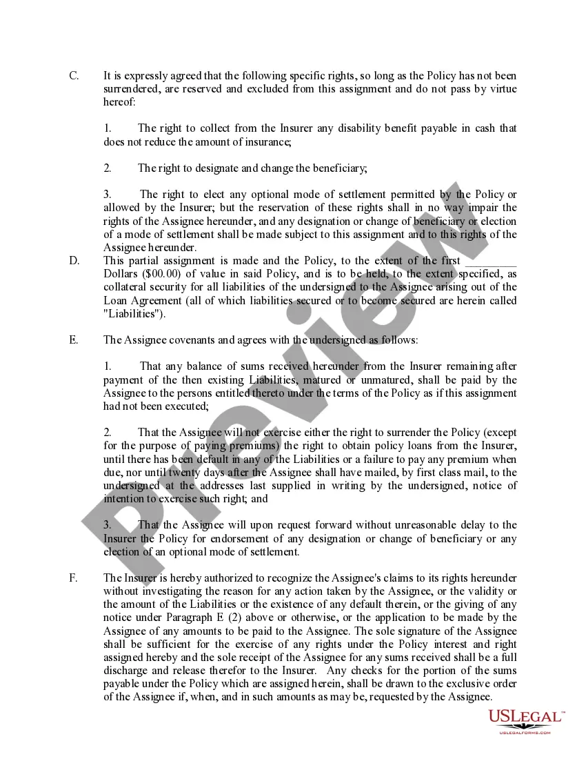 Get Partial Assignment of Life Insurance Policy as Collateral Preview Partial Assignment of Life Insurance Policy as Collateral